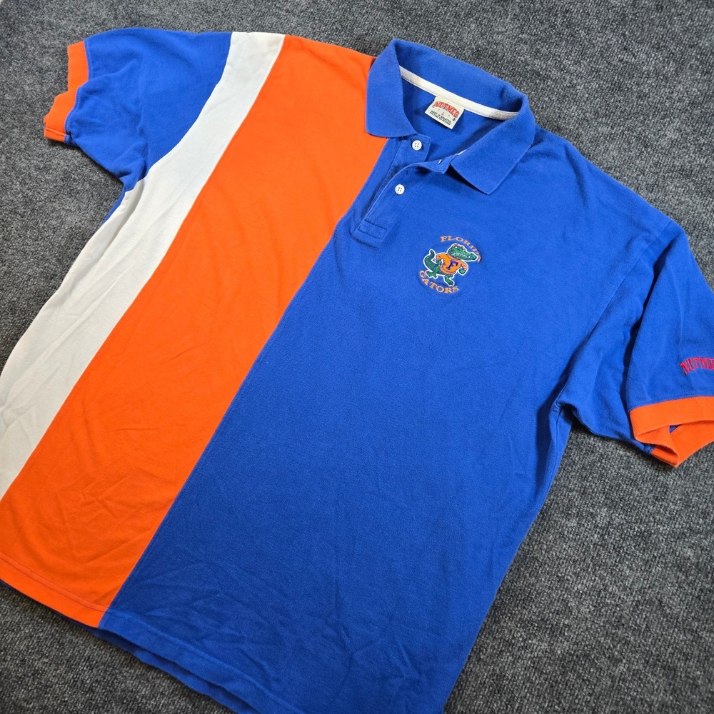 Vintage 90s Nutmeg Mills Florida Gators Polo Shirt XL Colorblock Mascot GameDay